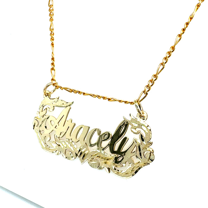 14k Gold Cursive Name Pendant with Diamond-Cut Leaf Accents and Solid Figaro Chain Necklace