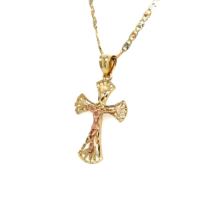 14k Rose Gold Jesus Cross Pendant with Solid Chain - LE-2709