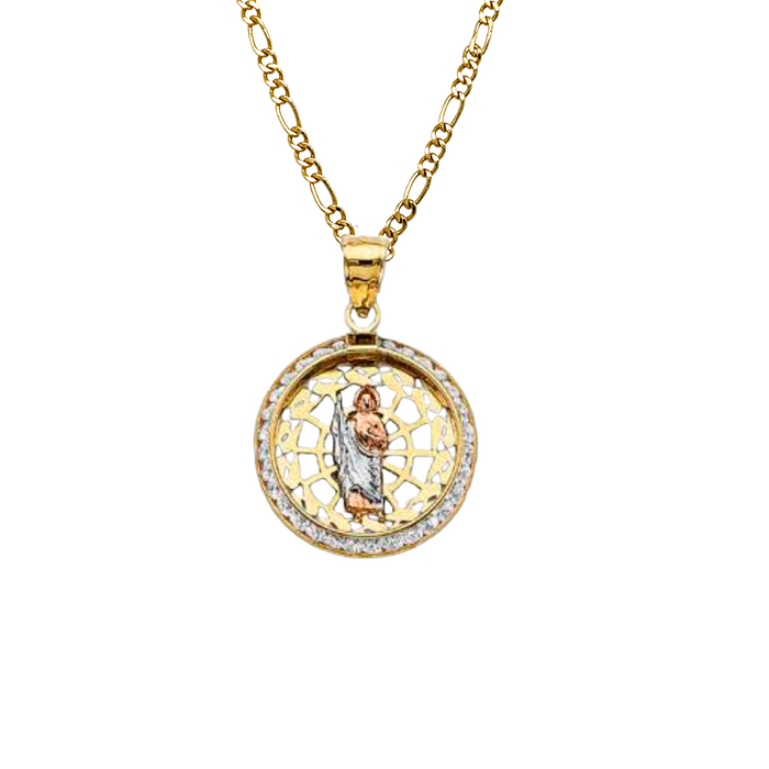 14k San Judas Round Gemstone Gold Pendant with Solid Chain - LE-3050