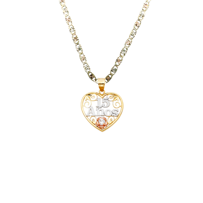 14k Gold Three Tone 15 Quinceañera Heart Pendant with Solid Chain - LE-0357