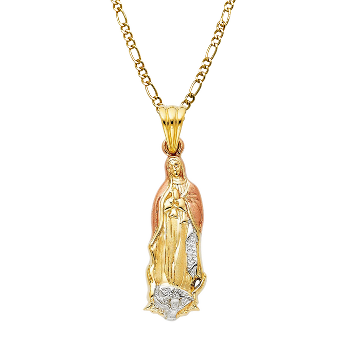 14k Virgin Mary Full Body Pendant with Gemstones and Solid Figaro Chain - LE-PT970