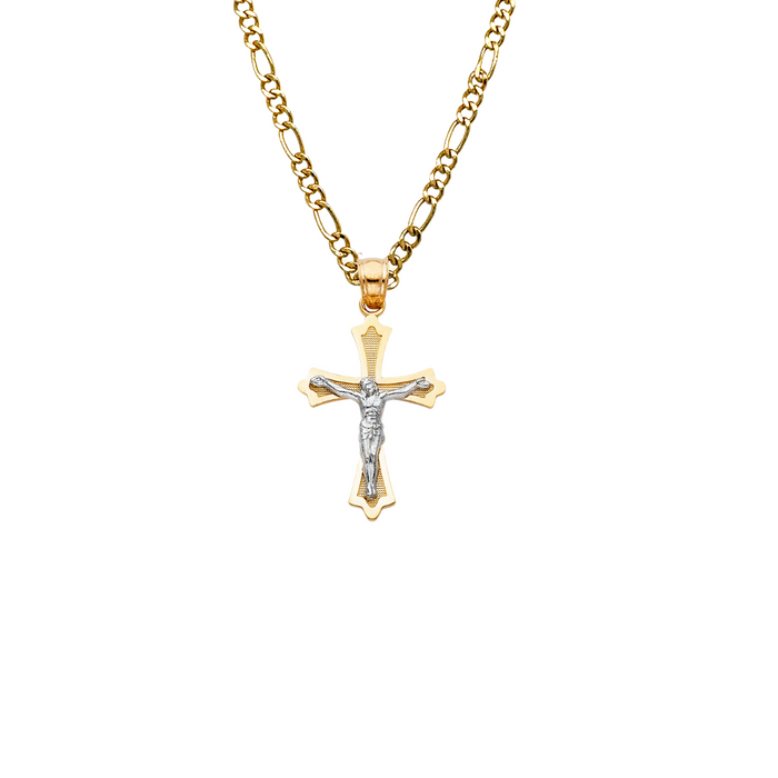 14k Gold Two Tone Jesus Cross Pendant with Solid Chain - LE-0039