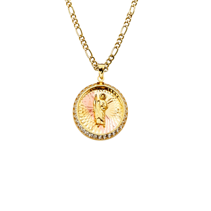 14k San Judas Round Gemstone TriGold Pendant with Solid Chain - LE-2251