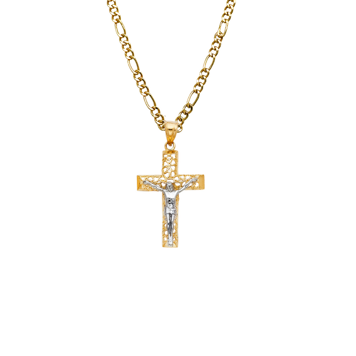 14k Two Tone Gold Jesus Cross Pendant with Solid Chain - LE-0054