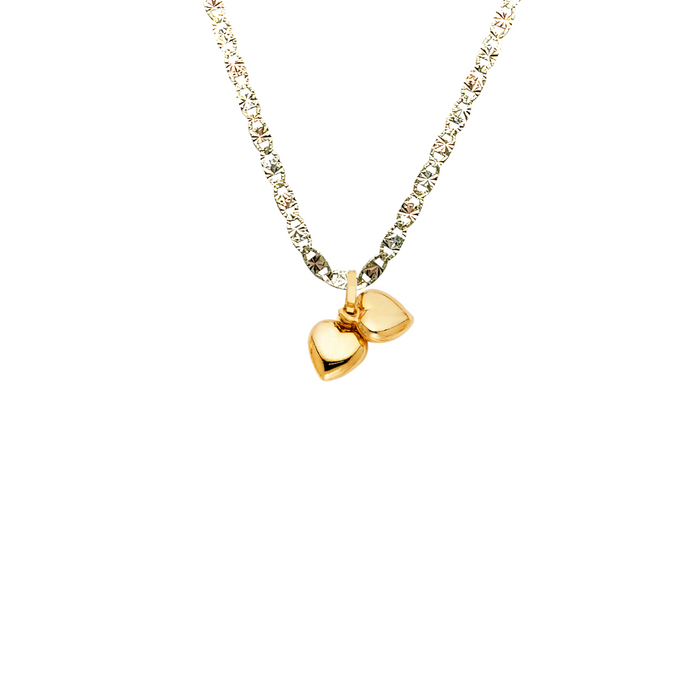 14k Gold Double Hollow Heart Pendant with Solid Chain - LE-0447