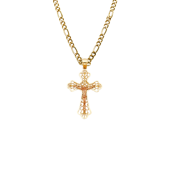 14k Gold Fancy Filigrano Jesus Cross Pendant with Solid Chain - LE-0994