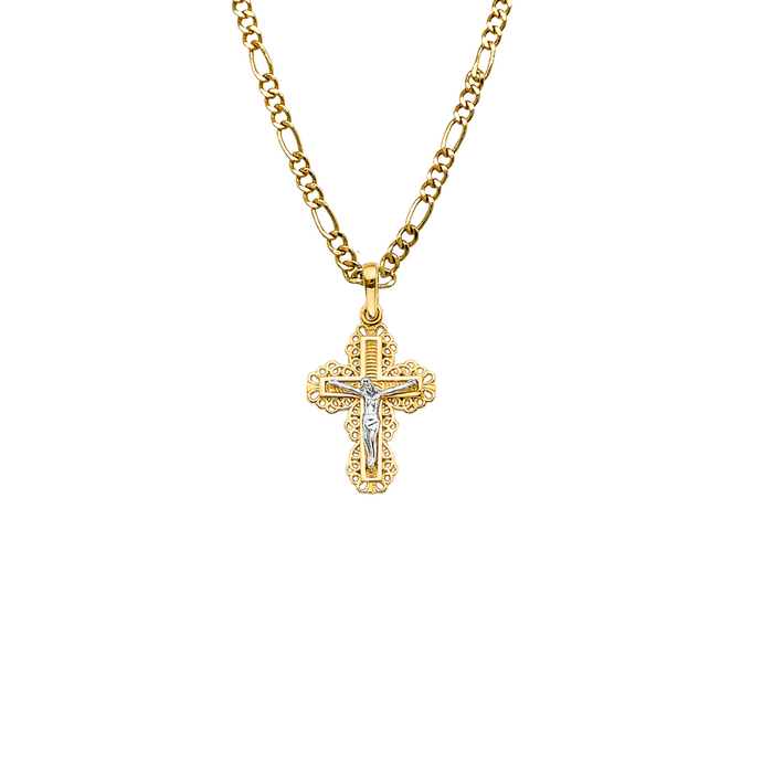 14k Gold Two Tone Fancy Jesus Cross Pendant with Solid Chain - LE-2599