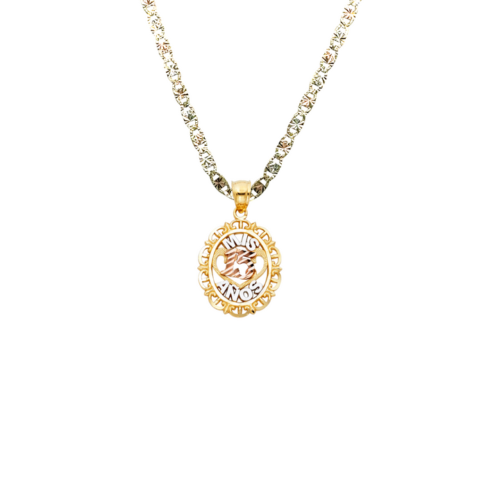 14k Gold Tri Tone Mis 15 Años Quinceañera Oval Pendant with Solid Chain - LE-1882