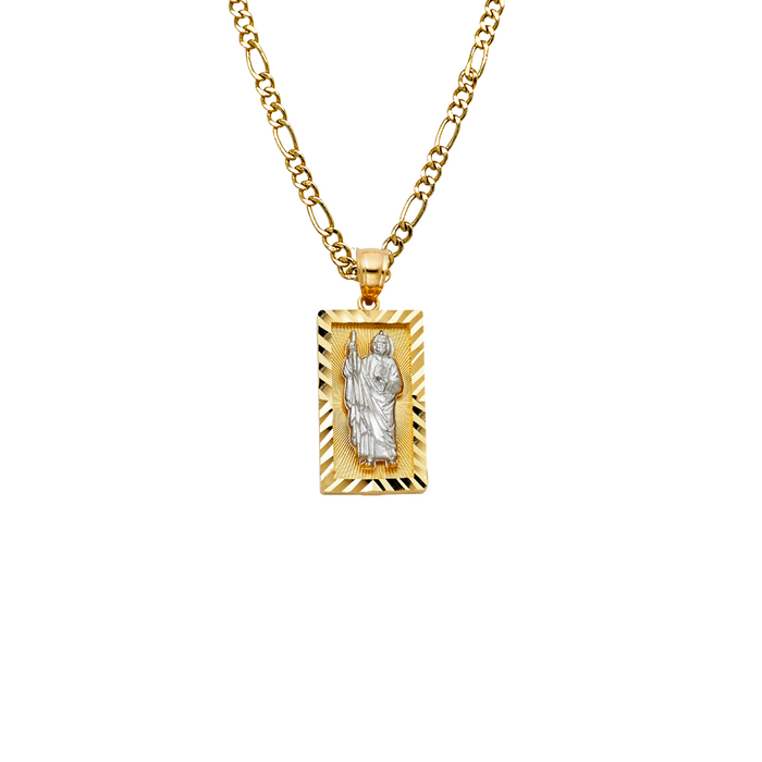 14k San Judas Gold Pendant Diamond Cut Edge with Solid Chain - LE-1151