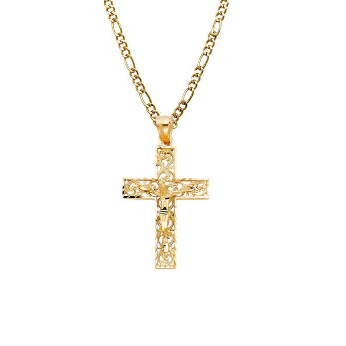 14k Gold Ornate Jesus Cross with Solid Figaro Chain - LE-0986