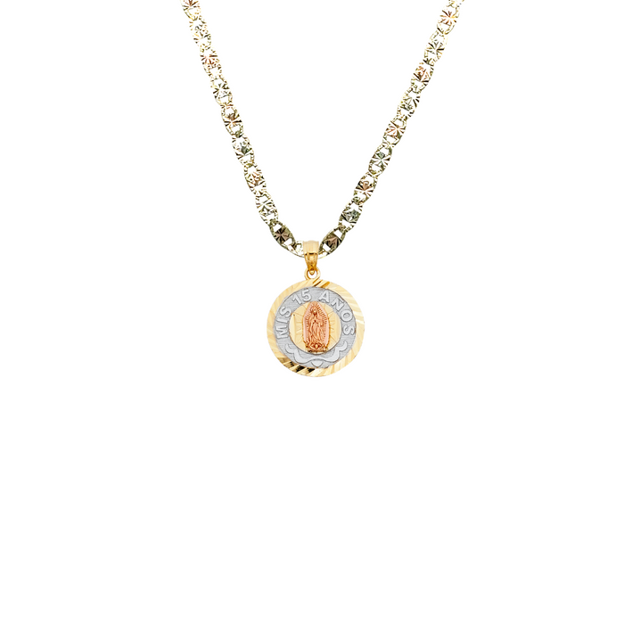 14k Gold Tri Tone Virgin Mary Mis 15 Años Quinceañera Pendant with Solid Chain - LE-1895