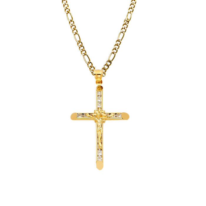 14k Gold Gemstone Jesus Cross with Solid Figaro Chain - LE-1049