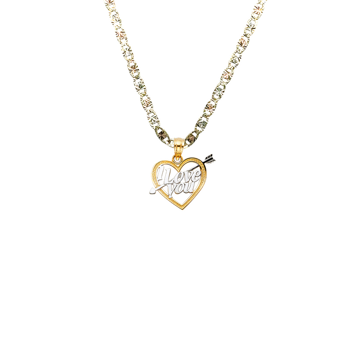 14k I Love You Two Tone Gold Arrow Heart Pendant with Solid Chain - LE-1821