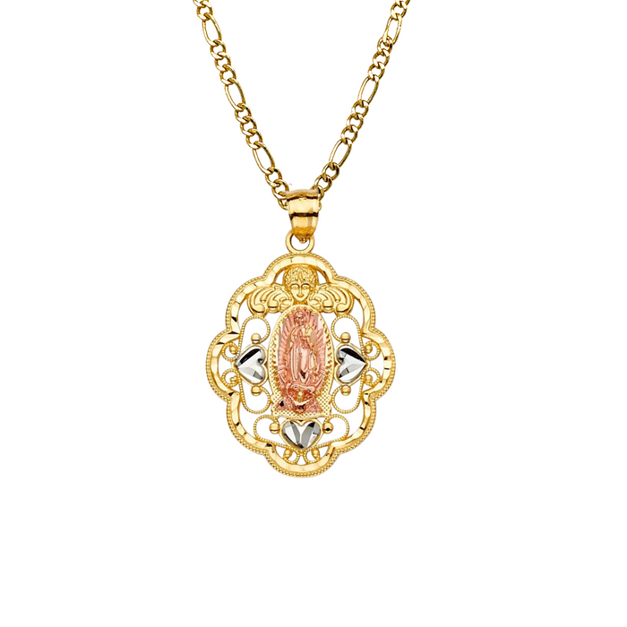 14k Virgin Mary TriGold Pendant with Solid Figaro Chain - LE-PT2316