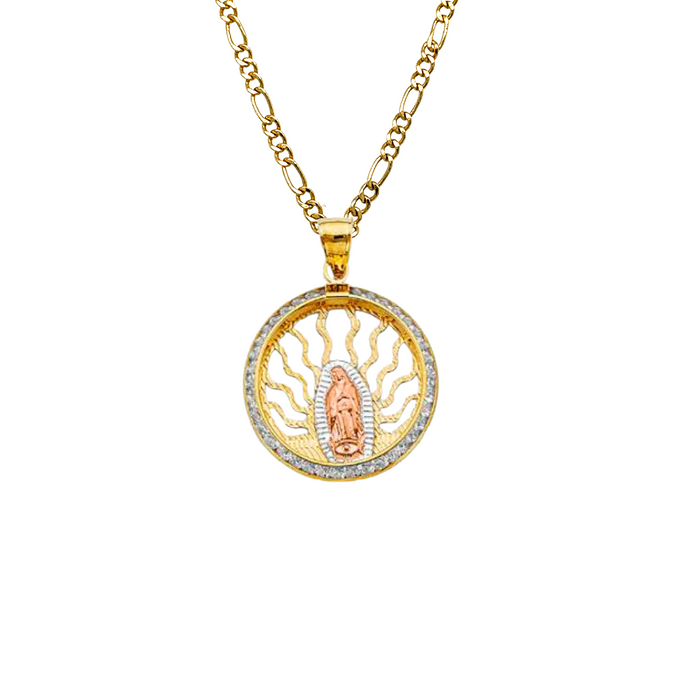 14k Virgin Mary Gold Pendant Round Gemstones with Solid Chain - LE-2721