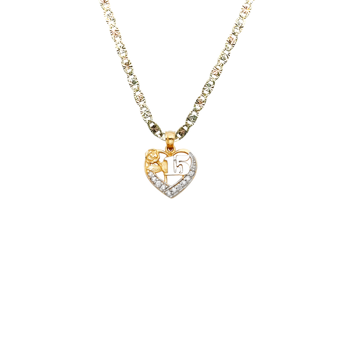 14k Gold Two Tone 15 Años Quinceañera Heart Gemstone Pendant with Solid Chain - LE-1878