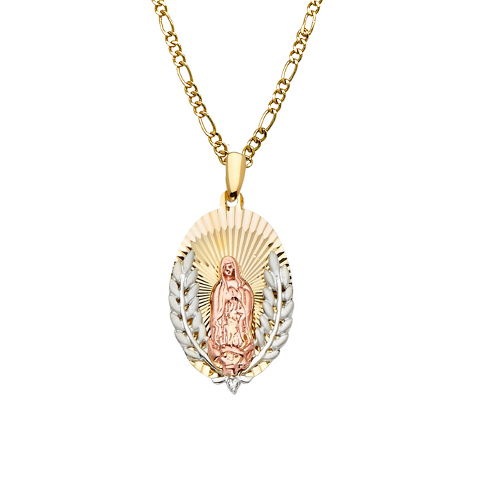 14k Virgin Mary TriColor Oval Pendant with Solid Figaro Chain - LE-2292