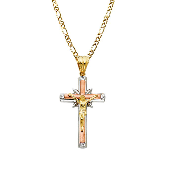 14k TriGold Gemstone Jesus Cross with Solid Figaro Chain - LE-0930