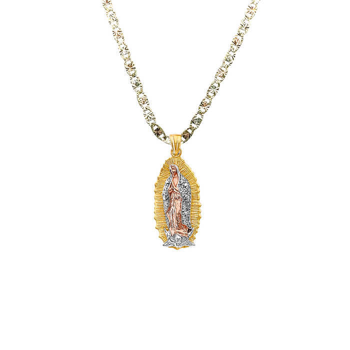 14k Gold Virgin Mary Pendant with White Gemstone Cloak and Solid Chain - LE-3180