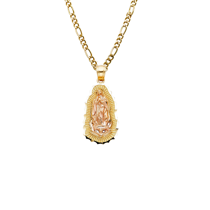 14k Virgin Mary Pendant Radiant Background and Solid Chain - LE-PT1084