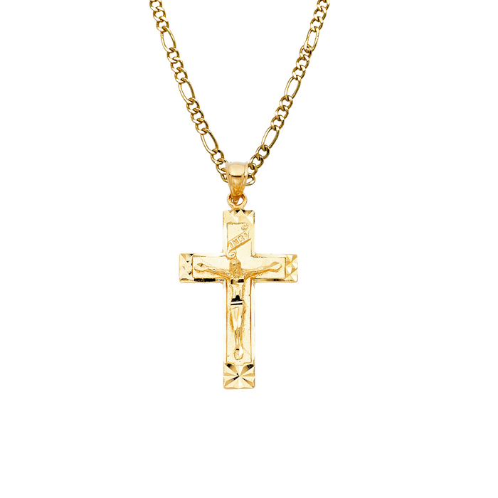 14k Gold Diamond Cut Edge Jesus Cross with Solid Figaro Chain - LE-0988