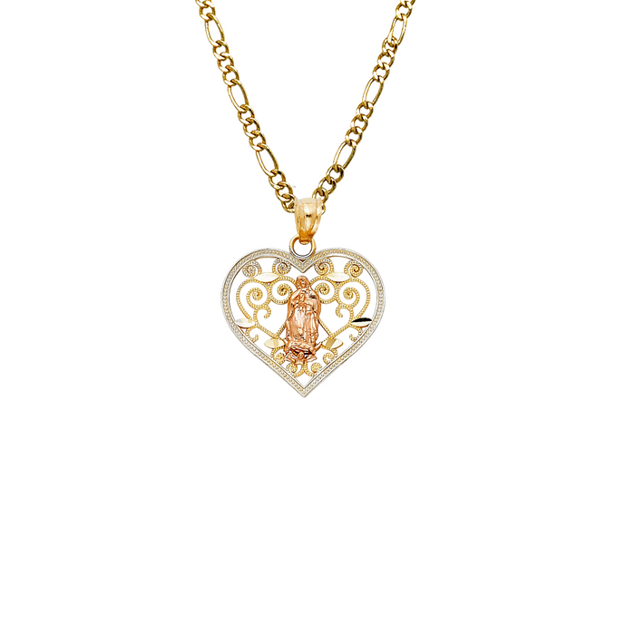 14k Virgin Mary Heart Pendant with Solid Chain - LE-PT386