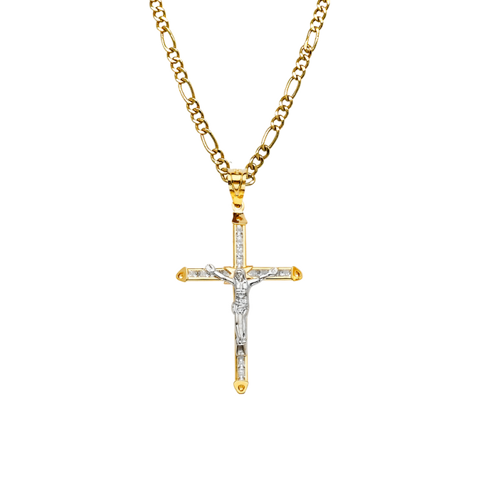 14k Two Tone Gold Gemstone Jesus Cross Pendant with Solid Chain - LE-2195