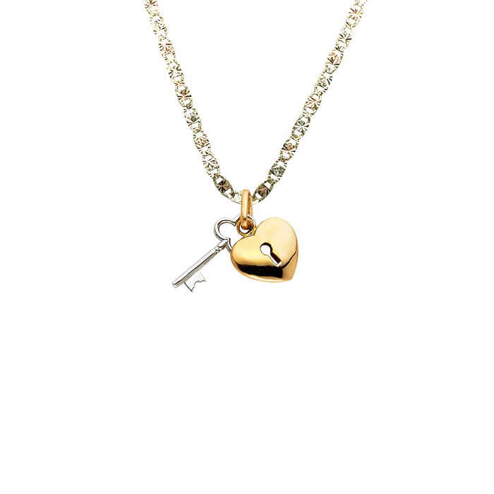 14k Gold Two Tone Heart and Key Pendant with Solid Chain - LE-0451