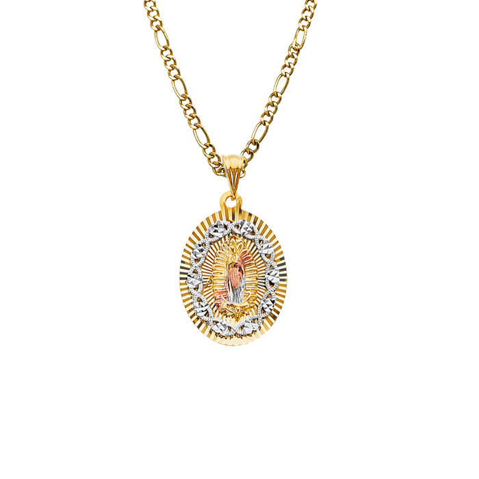 14k Virgin Mary Oval Diamond Cut Pendant with Solid Figaro Chain - LE-3201