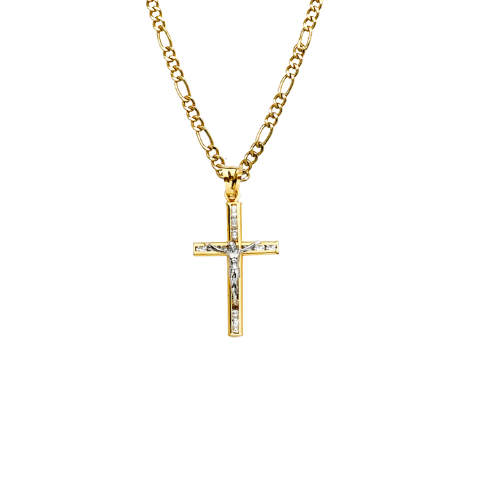 14k Gold Gemstone Jesus Cross Pendant with Solid Chain - LE-2198