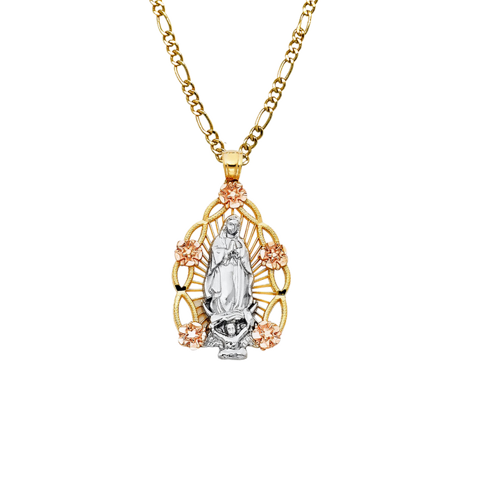 14k Virgin Mary Pendant with TriColor Flowers and Solid Figaro Chain - LE-PT1111