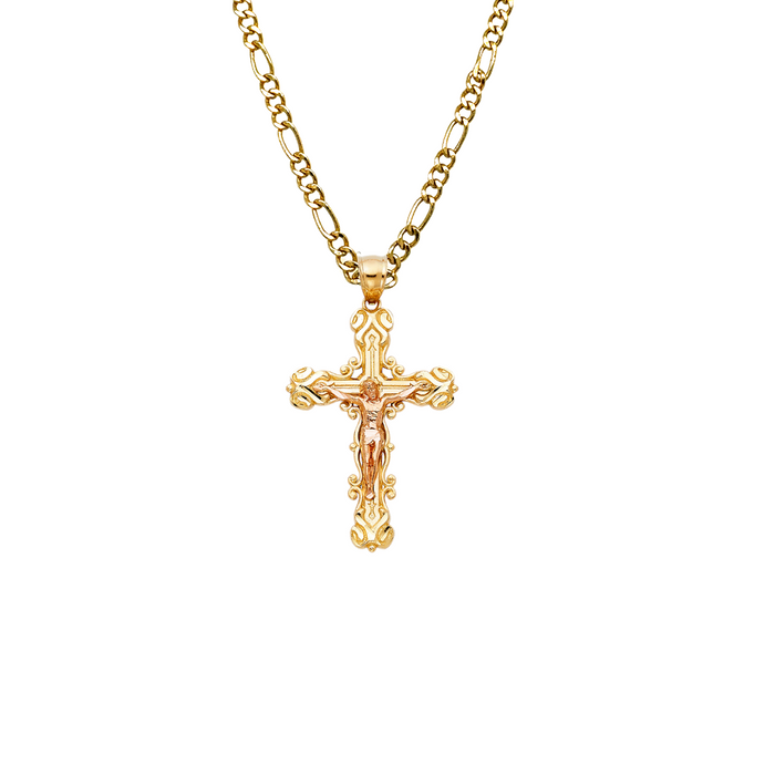 14k Gold Fancy Jesus Cross with Solid Figaro Chain - LE-0998