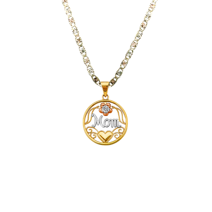 14k Tri Tone Gold Mama Gemstone Pendant with Solid Chain - LE-2693