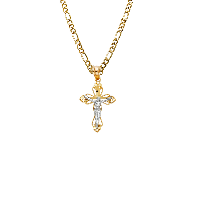 14k Gold Two Tone Jesus Cross Pendant with Solid Chain - LE-0076