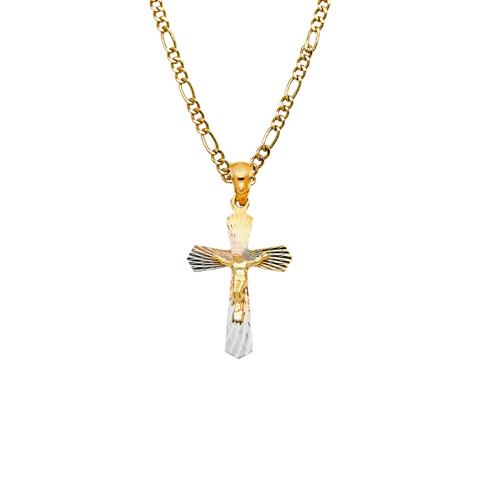 14k TriColor Gold Jesus Cross Pendant with Solid Chain - LE-1418