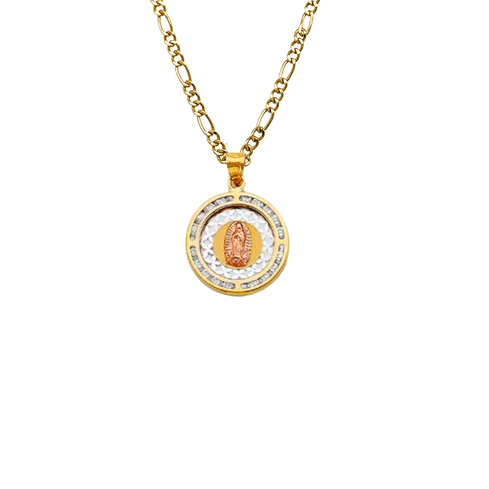 14k Virgin Mary Gold Pendant Round with Gemstones and Solid Chain - LE-1310