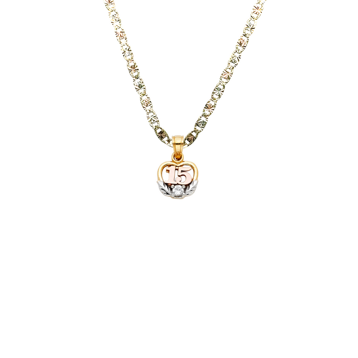 14k Gold Tri Tone 15 Años Quinceañera Heart Gemstone Pendant with Solid Chain - LE-0368