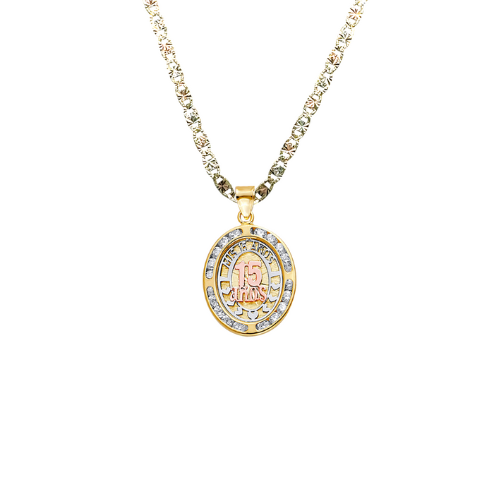 14k Gold Three Tone Mis 15 Años Quinceañera Oval Gemstone Pendant with Solid Chain - LE-2527