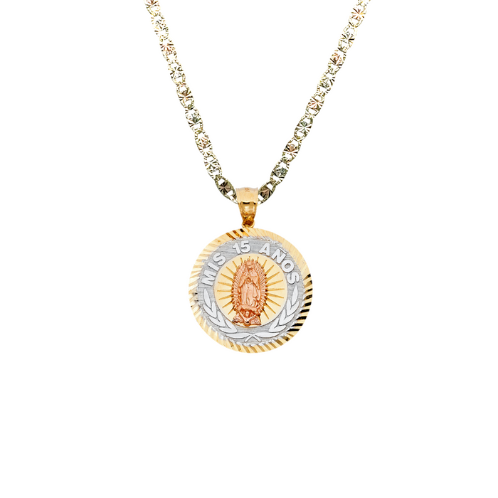 14k Gold Tri Tone Virgin Mary Mis 15 Años Quinceañera Pendant with Solid Chain - LE-1897