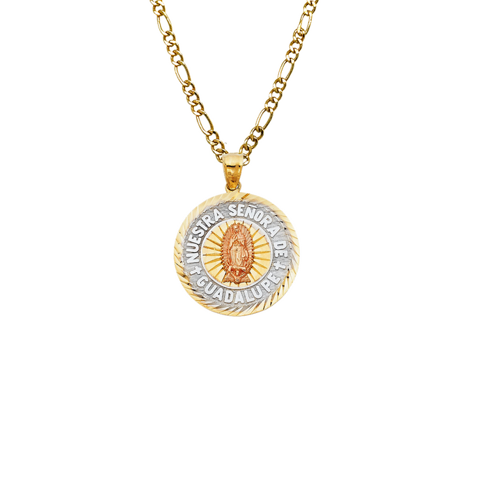 14k Virgin Mary Diamond Cut Round Pendant with Solid Figaro Chain - LE-1366