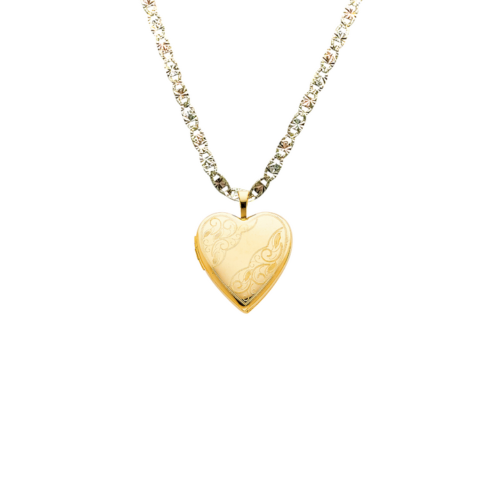 14k Gold Engraved Picture Heart Locket Pendant with Solid Chain - LE-0619