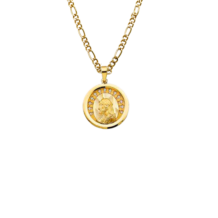 14k Jesus Christ Round Gold Pendant with Solid Chain - LE-3058