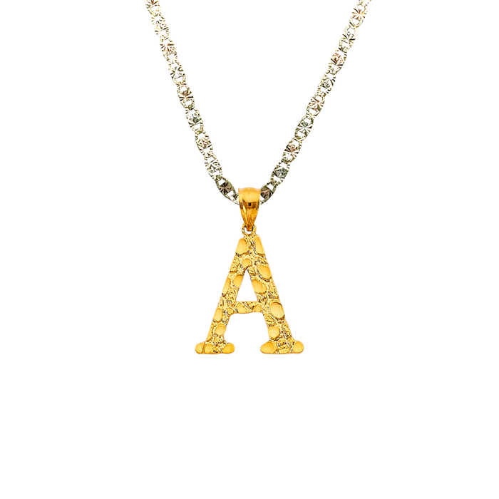 14k Gold Nugget Block Letter Pendant with Solid Valentino Chain - LE-3241C