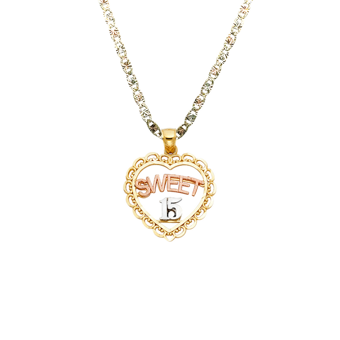 14k Gold Tri Tone Sweet 15 Heart Pendant with Solid Chain - LE-1905