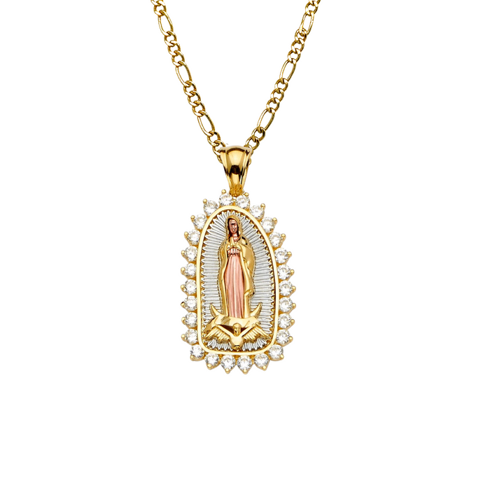 14k Virgin Mary Pendant with White Gemstone Bezel and Solid Figaro Chain