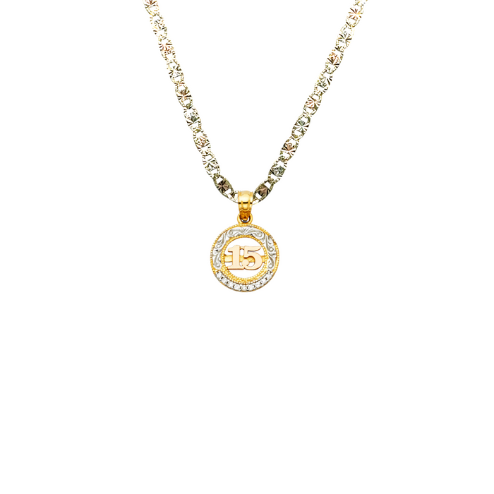 14k Gold Tri Tone 15 Años Quinceañera Pendant with Solid Chain - LE-1884