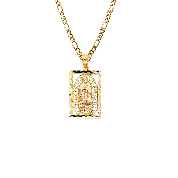 14k Virgin Mary Rectangle Pendant with Solid Figaro Chain - LE-PT1118