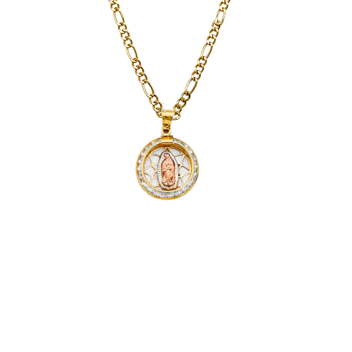 14k Virgin Mary Gold Pendant Round with Gemstones and Solid Chain - LE-2725