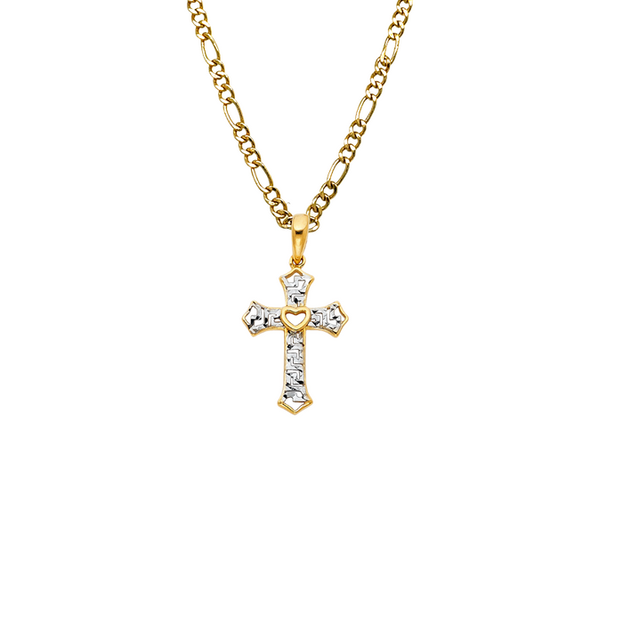 14k Gold Two Tone Heart Cross Pendant with Solid Chain - LE-0761