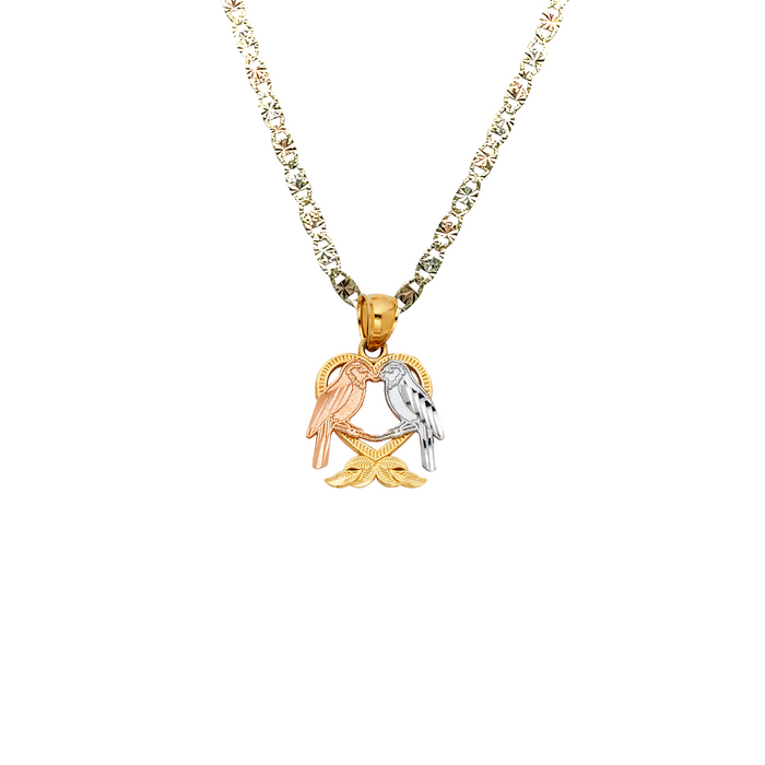 14k Tri Gold Love Birds Heart Pendant with Solid Chain - LE-1949